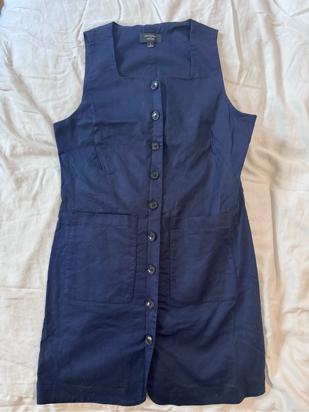 Navy Button-Front Sleeveless Linen Dress